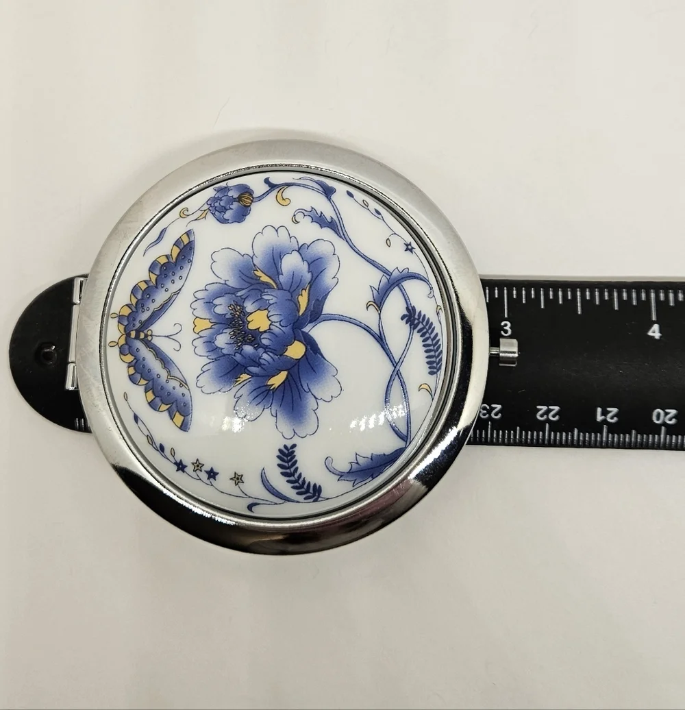 Flower Butterfly Compact Mirror Genuine Porcelain Blue White Make Up
